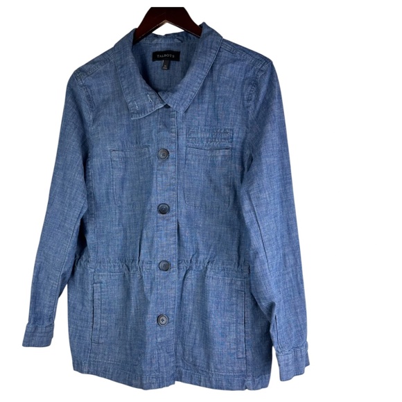 Talbots Jacket Coat Sz XL 14 16 Chambray Blue Twill Utility Safari Stretch - Picture 2 of 5